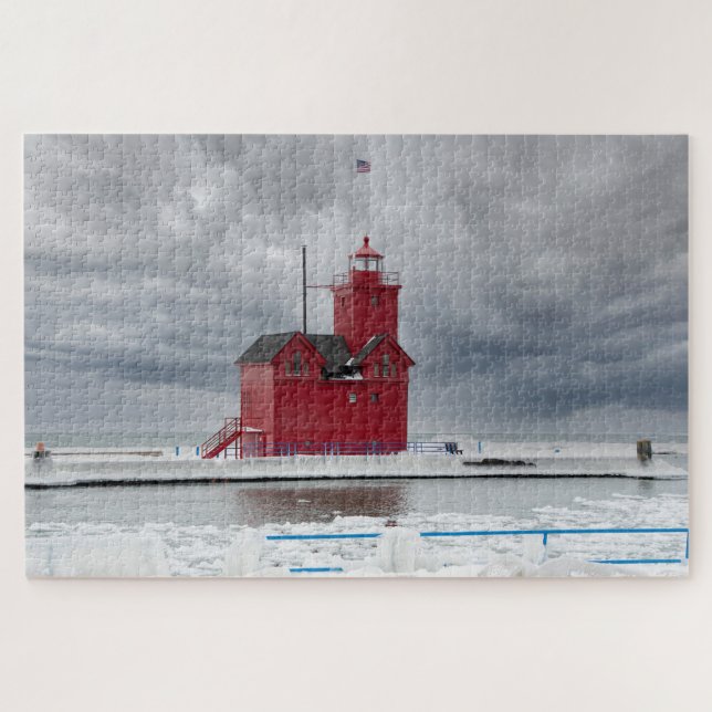 Michigan Red Lighthouse in Winter Jigsaw Puzzle (Horizontal)
