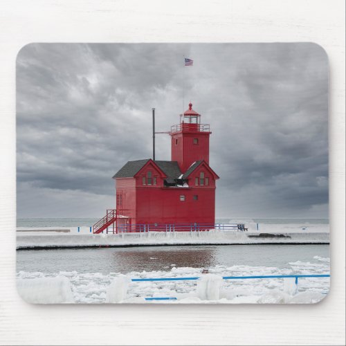 Michigan Red Lighthouse in Winter Mouse Pad
