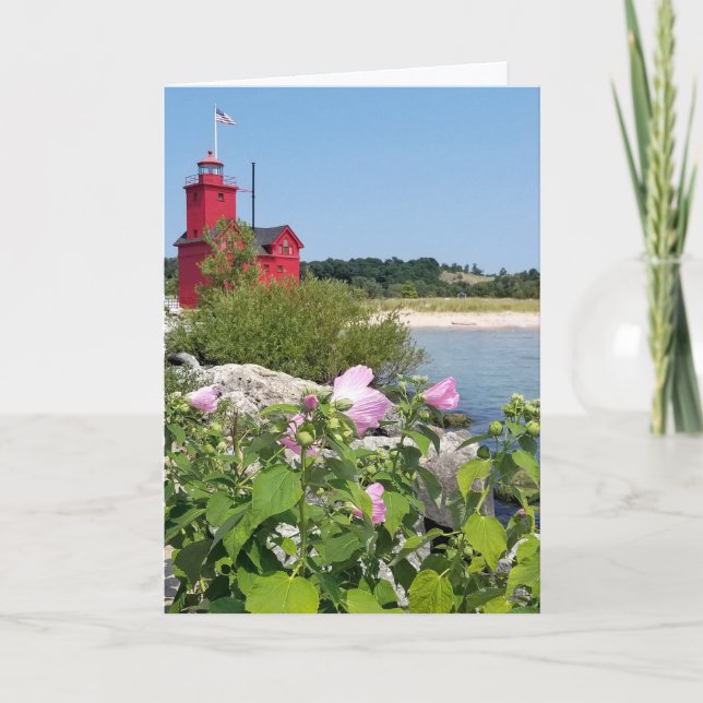 Michigan red lighthouse thinking of you card (Front)