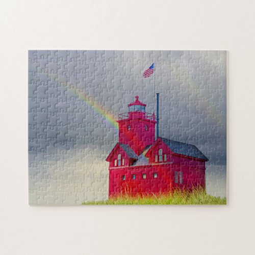 Michigan Red Lighthouse with rainbow Jigsaw Puzzle