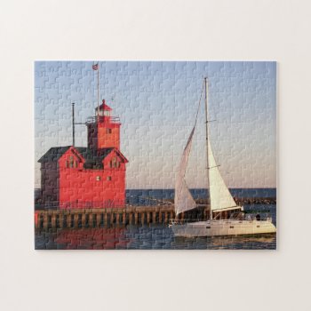 Michigan Red Lighthouse With Sailboat Jigsaw Puzzle by dryfhout at Zazzle
