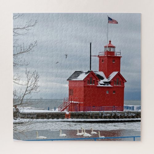 Michigan Red Lighthouse with Swans Jigsaw Puzzle