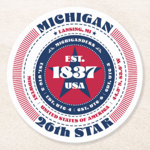 Michigan Red White Blue Typography Round Paper Coaster