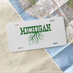 Michigan Rooted with Tree Roots Word Art License Plate