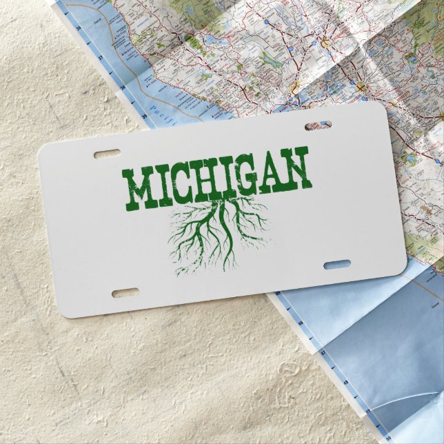 Michigan Rooted with Tree Roots Word Art License Plate (In Situ)