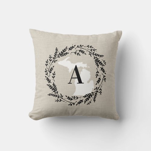 Michigan Rustic Wreath Monogram Throw Pillow