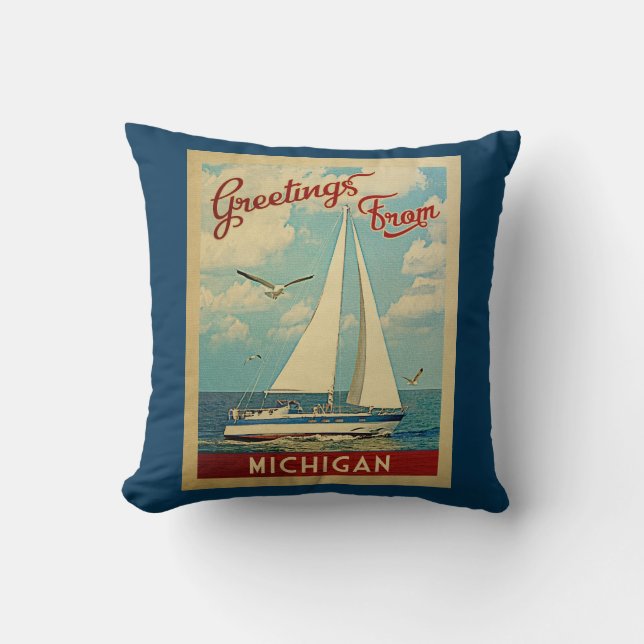 Michigan Sailboat Vintage Travel Throw Pillow (Front)