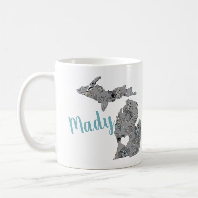 Michigan Shape With Name & Gray Blue Poppy Floral Coffee Mug (Left)