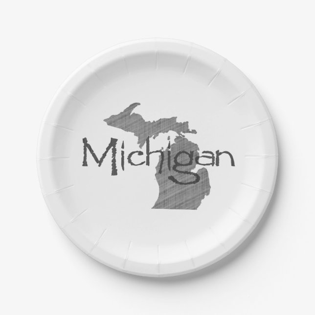 Michigan Shaped Gray Michigander Paper Party Plates (Front)