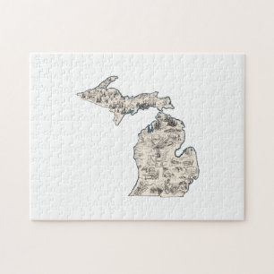 Michigan Shaped Michigander Vintage Picture Map Jigsaw Puzzle