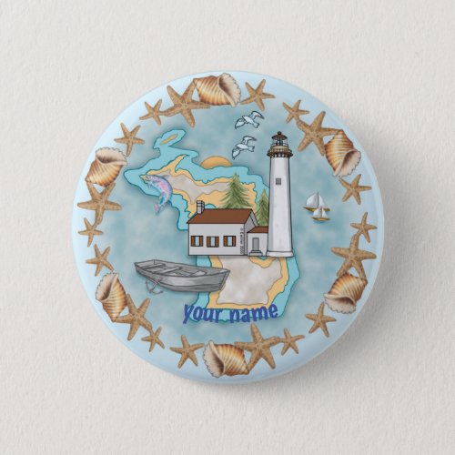 Michigan Shells Lighthouse custom name pin button