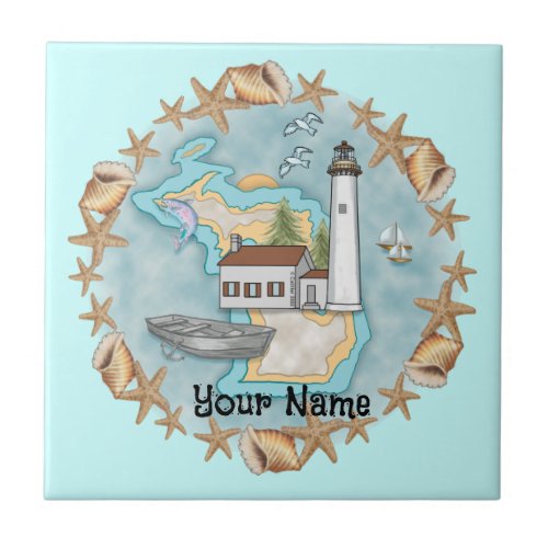 Michigan Shells Lighthouse custom name Tile