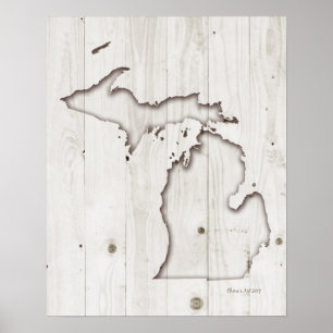 Michigan Silhouette White Wood Carving Poster