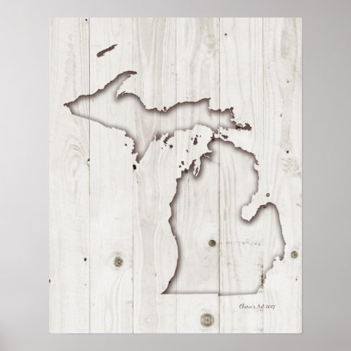 Michigan Silhouette  White Wood Carving Poster