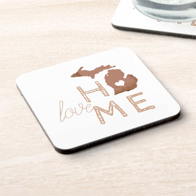 Michigan Silhouette With Heart Love Copper Beverage Coaster (Copper Michigan Silhouette With Heart and Love Beverage Coaster from the Michigander!)