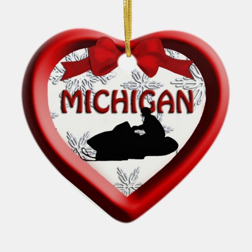 Michigan Snowmobile Heart Christmas Ornament