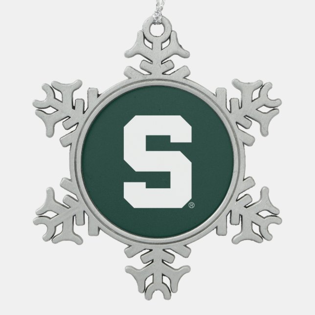 Michigan State Block S Snowflake Pewter Christmas Ornament (Front)