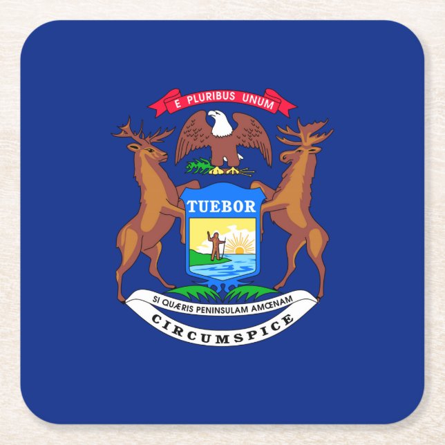 Michigan State Flag Design Square Paper Coaster (Front)