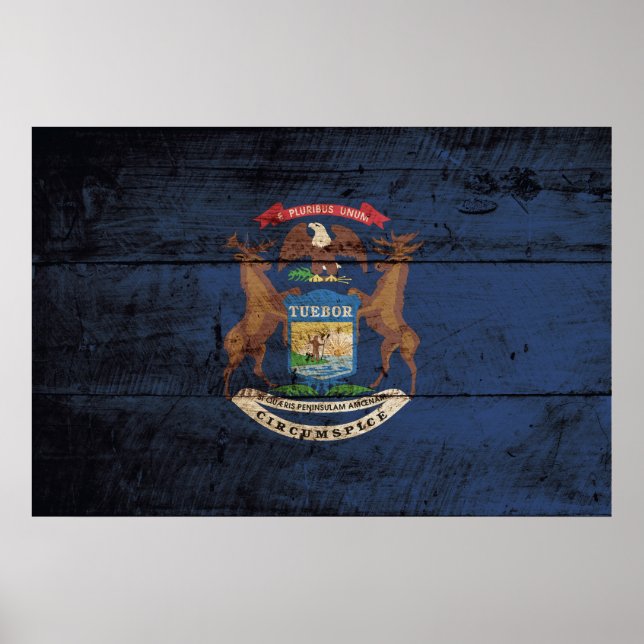Michigan State Flag on Old Wood Grain Poster (Front)