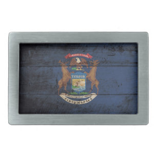 Michigan State Flag on Old Wood Grain Rectangular Belt Buckle