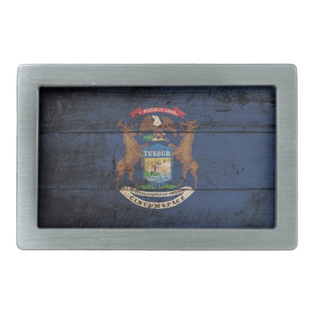 Michigan State Flag on Old Wood Grain Rectangular Belt Buckle (Front)