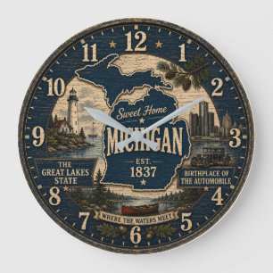Michigan State Great Lakes Rustic Coastal Vintage Large Clock