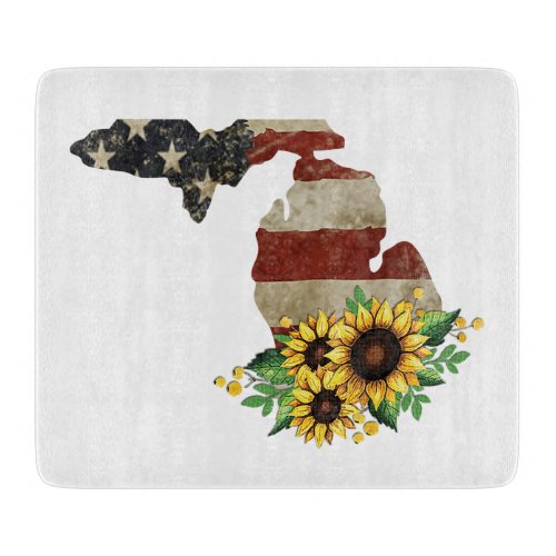 Michigan State Map US Flag Sunflower Glass Cutting Board