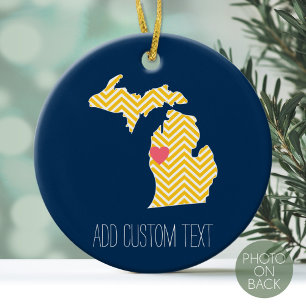 Michigan State Map with Custom Love Heart and Name Ceramic Ornament