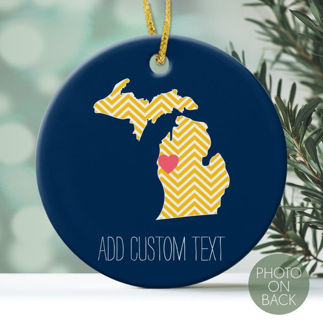 Michigan State Map with Custom Love Heart and Name Ceramic Ornament (Personalized Photo Ornament)