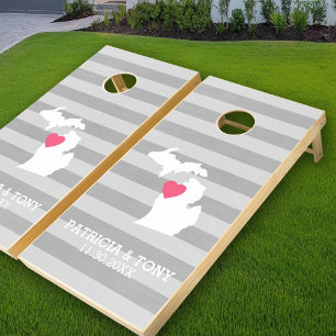 Michigan State Map with Custom Love Heart and Name Cornhole Set