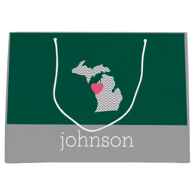 Michigan State Map with Custom Love Heart and Name Large Gift Bag (Front)