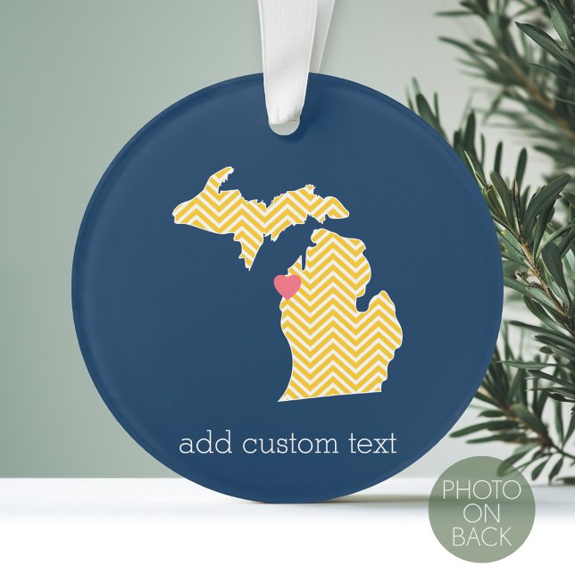 Michigan State Map with Custom Love Heart and Name Ornament (Personalized Photo Ornament with a State Design on the Front and Photo on the Back)