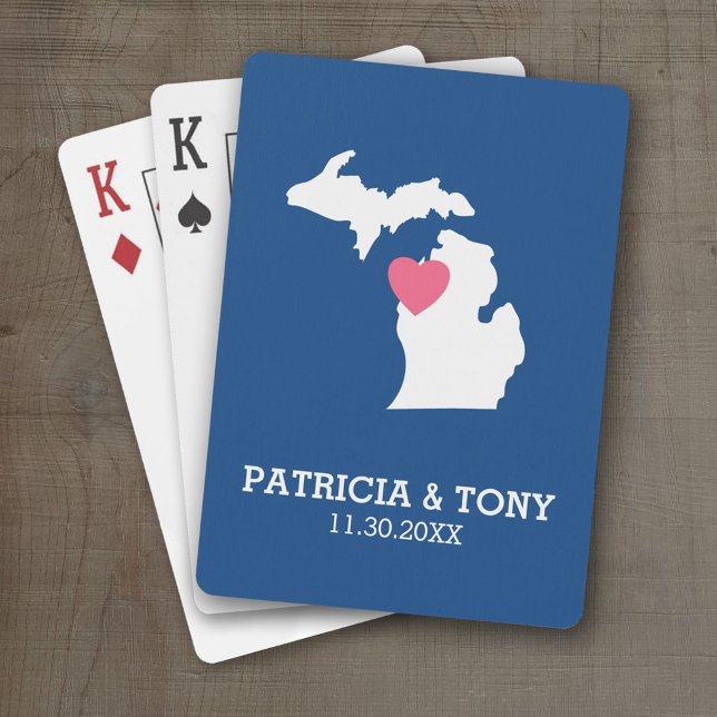 Michigan State Map with Custom Love Heart and Name Poker Cards (Personalized Playing Cards with a State Map, Movable Heart and Name)