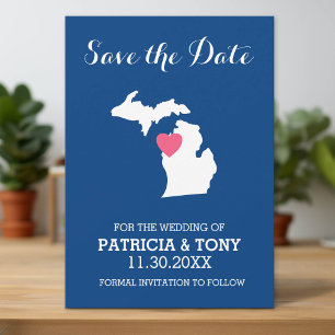 Michigan State Map with Custom Love Heart and Name Save The Date