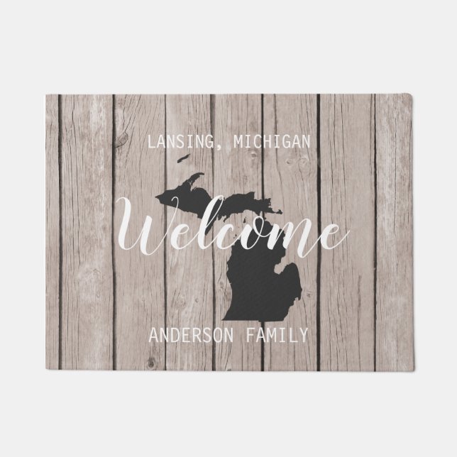 Michigan State Personalized Welcome Wood Look Doormat (Front)