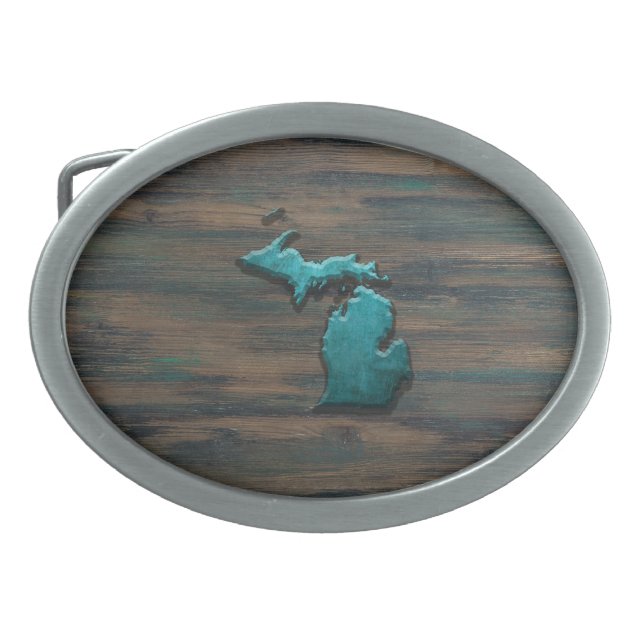 Michigan State Shape Teal Belt Buckle (Front)