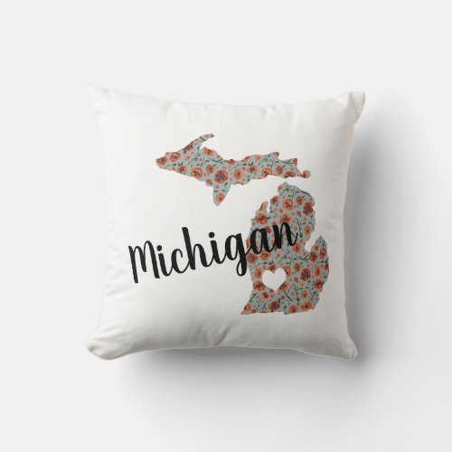 Michigan The Mitten State With Floral Pattern Throw Pillow