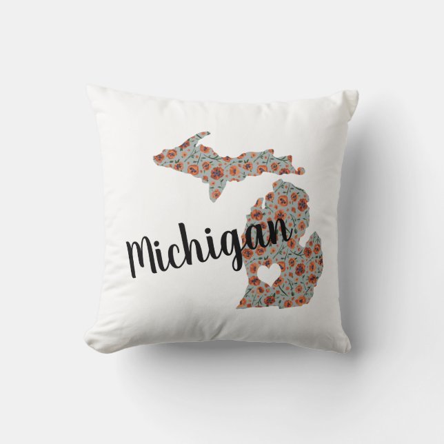 Michigan The Mitten State With Floral Pattern Throw Pillow (Front)