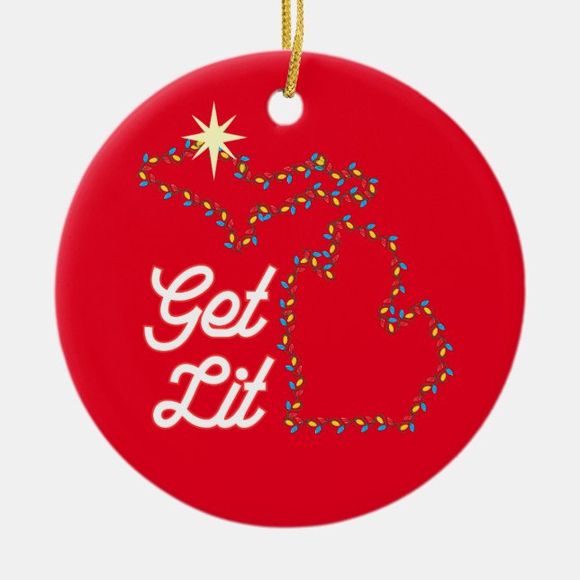 Michigan Theme Ornament with funny GET LIT  (Front)