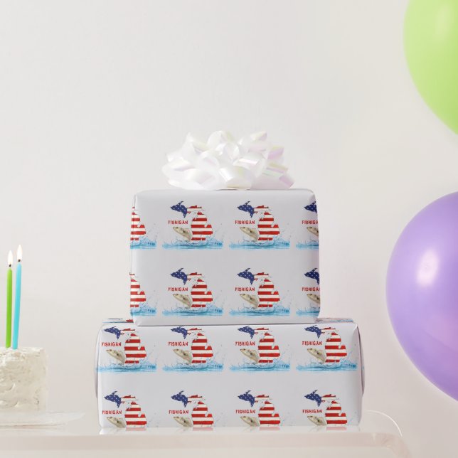 Michigan USA Flag with Fish Wrapping Paper (Party Gifts)