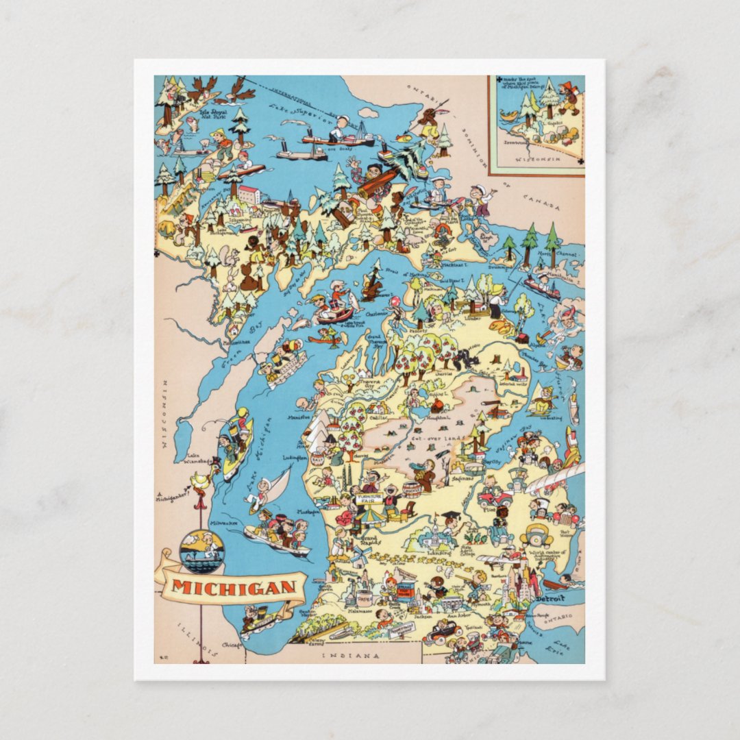 Michigan Vintage Funny Map Postcard | Zazzle