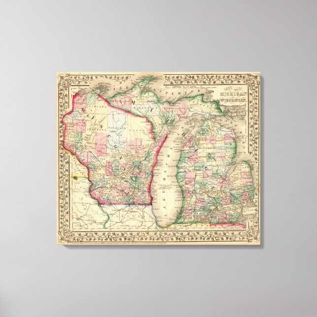 Michigan, Wisconsin Map by Mitchell Canvas Print (Front)