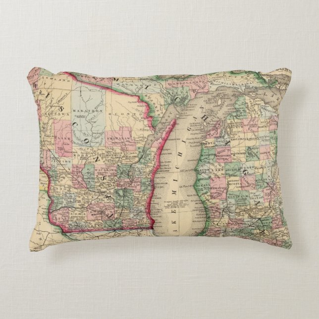 Michigan, Wisconsin Map by Mitchell Decorative Pillow (Front)