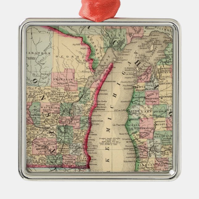 Michigan, Wisconsin Map by Mitchell Metal Ornament (Front)