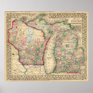 Michigan, Wisconsin Map by Mitchell Poster
