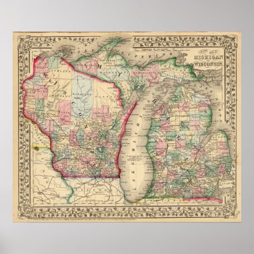 Michigan Wisconsin Map by Mitchell Poster