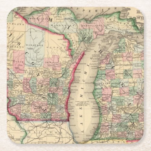 Michigan Wisconsin Map by Mitchell Square Paper Coaster