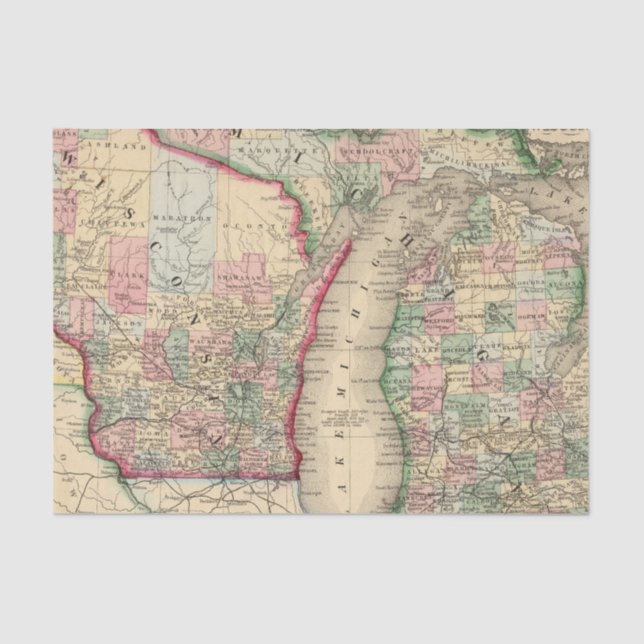 Michigan, Wisconsin Map by Mitchell Tissue Paper (Front)