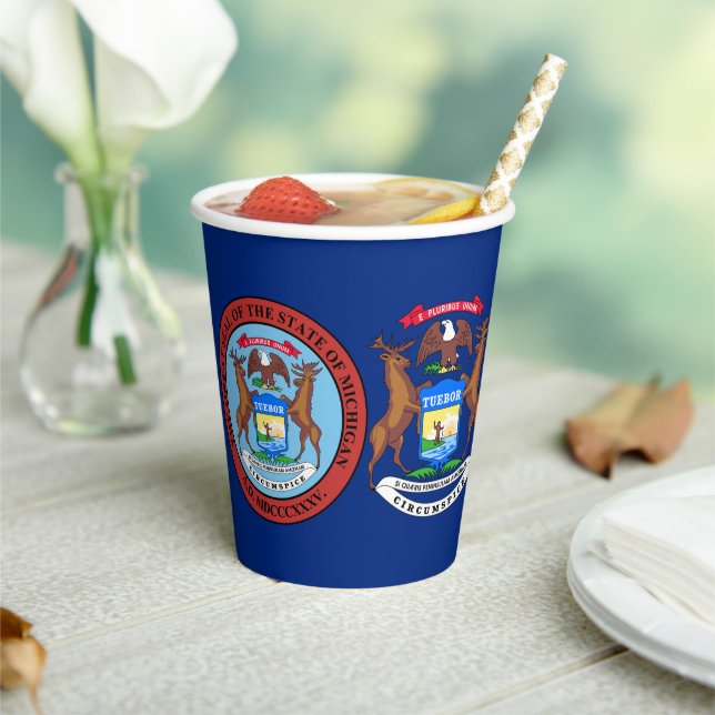 Michigander Flag & Seal, Flag of Michigan Paper Cups (Insitu)