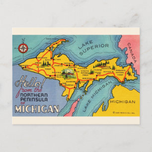 Michigan's Northern Peninsula Map Postcard
